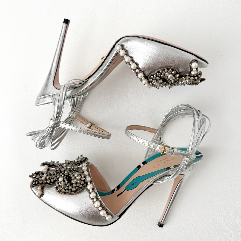 GUCCI || Allie Bow Metallic Pearl Crystal Sandals Silver Strap Heels  EU 36.5 - Picture 6 of 15